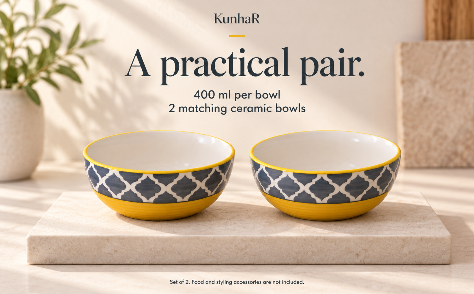 KunhaR Ceramic Serving Bowls, 400 ml Each, Set of 2, Yellow Grey, Small Bowls for Soup, Rice, Curry, Snacks and Desserts — capacity