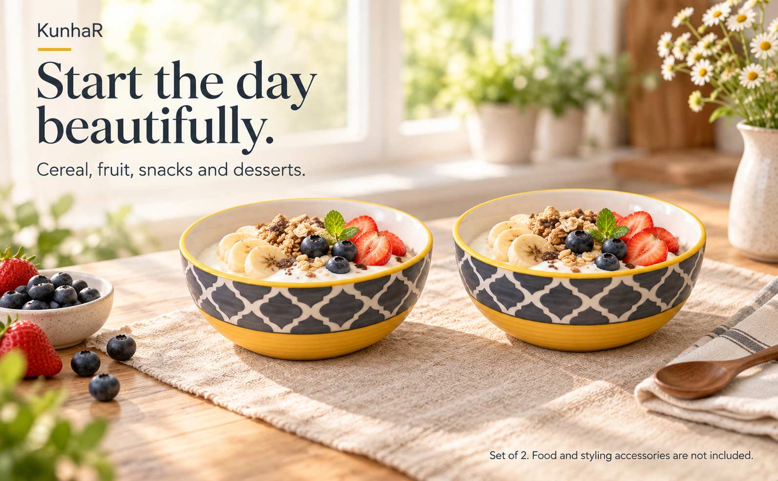 KunhaR Ceramic Serving Bowls, 400 ml Each, Set of 2, Yellow Grey, Small Bowls for Soup, Rice, Curry, Snacks and Desserts — breakfast