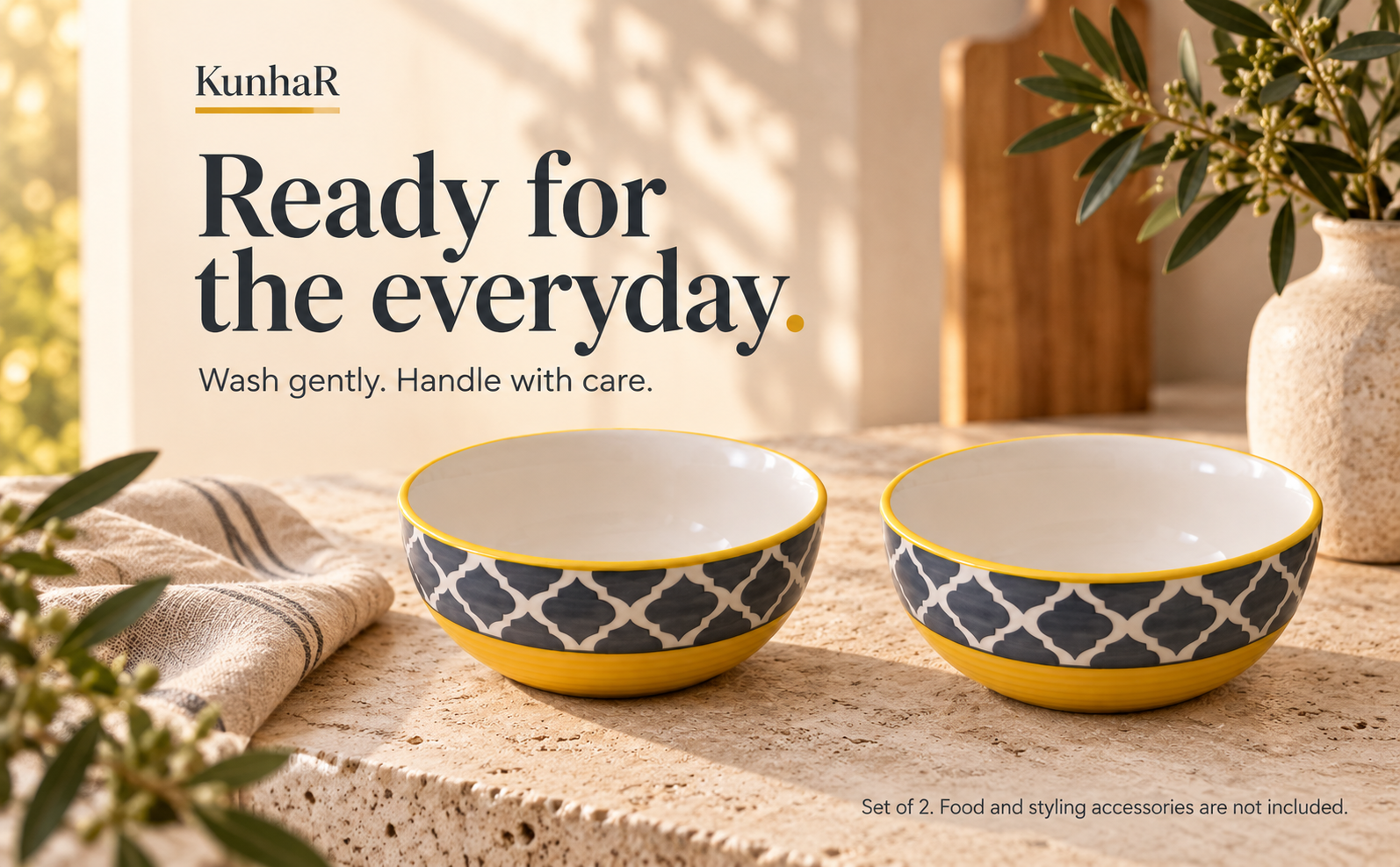 KunhaR Ceramic Serving Bowls, 400 ml Each, Set of 2, Yellow Grey, Small Bowls for Soup, Rice, Curry, Snacks and Desserts — care