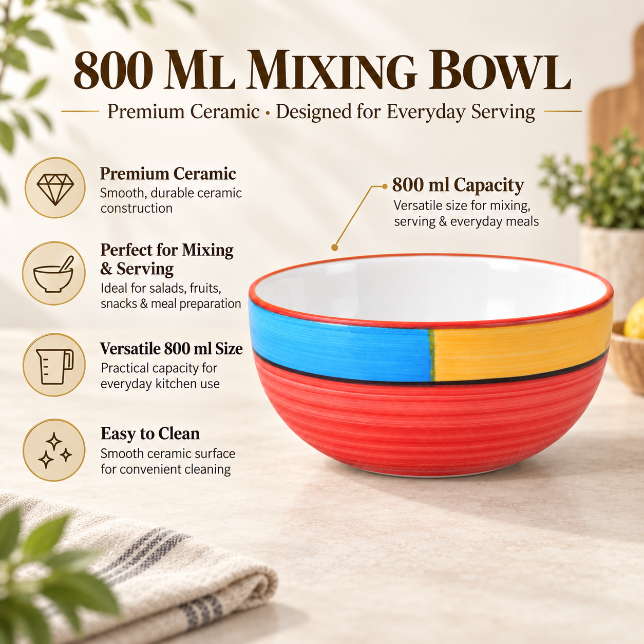 KunhaR Ceramic Serving Bowl 800 ml, Red | Medium Ceramic Bowl for Salad, Pasta, Noodles, Fruits, Curry & Snacks | Premium Tableware for Kitchen & Dining | 1 Piece - Image 7