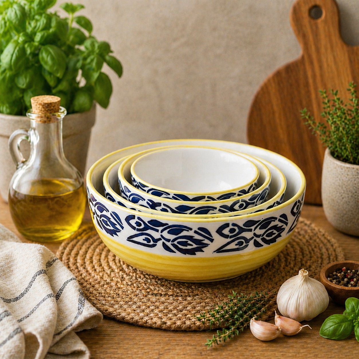 Kunhar Ceramic Mixing Bowl Set – 4 Pieces (1500ml, 800ml, 600ml, 400ml), Blue Flower Yellow – Durable, Microwave & Dishwasher Safe – Ideal for Mixing, Serving & Storage