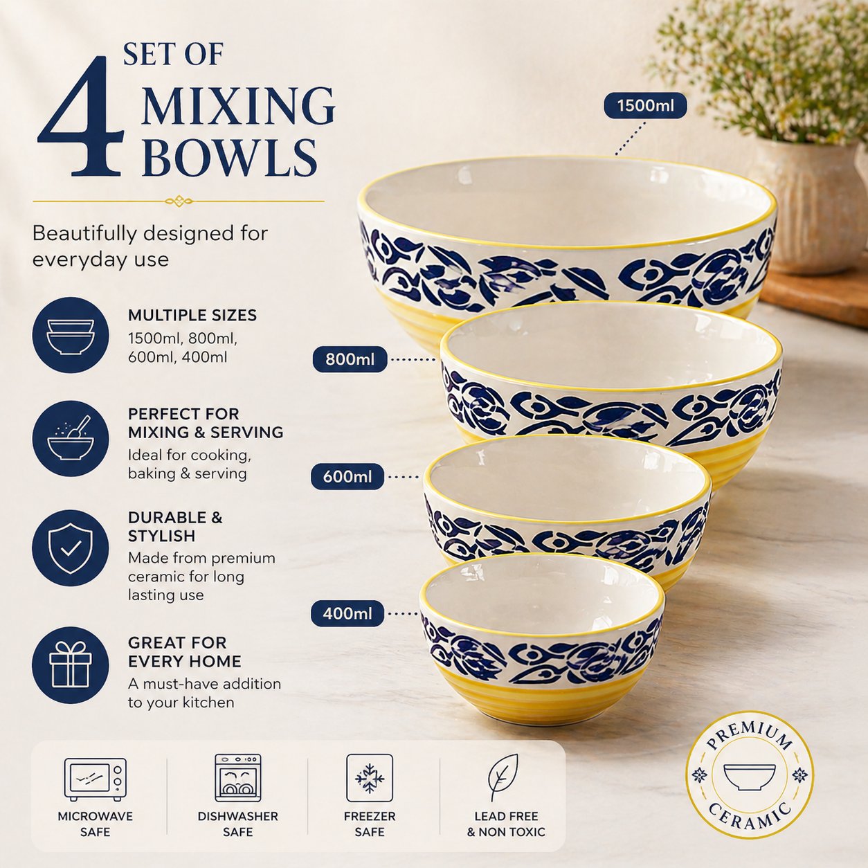 Kunhar Ceramic Mixing Bowl Set – 4 Pieces (1500ml, 800ml, 600ml, 400ml), Blue Flower Yellow – Durable, Microwave & Dishwasher Safe – Ideal for Mixing, Serving & Storage - Image 6