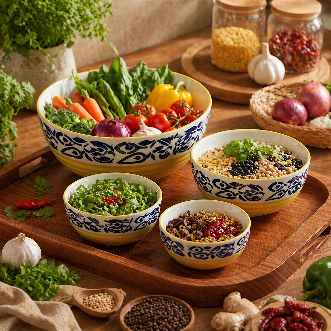 Kunhar Ceramic Mixing Bowl Set – 4 Pieces (1500ml, 800ml, 600ml, 400ml), Blue Flower Yellow – Durable, Microwave & Dishwasher Safe – Ideal for Mixing, Serving & Storage - Image 4