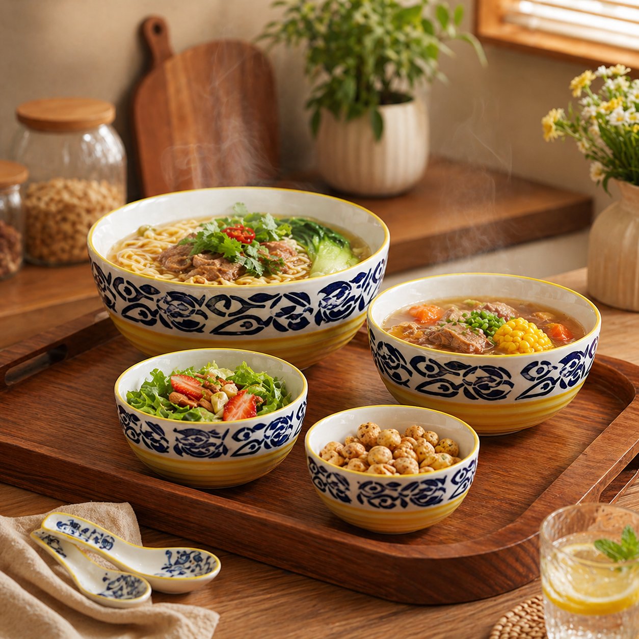 Kunhar Ceramic Mixing Bowl Set – 4 Pieces (1500ml, 800ml, 600ml, 400ml), Blue Flower Yellow – Durable, Microwave & Dishwasher Safe – Ideal for Mixing, Serving & Storage - Image 3