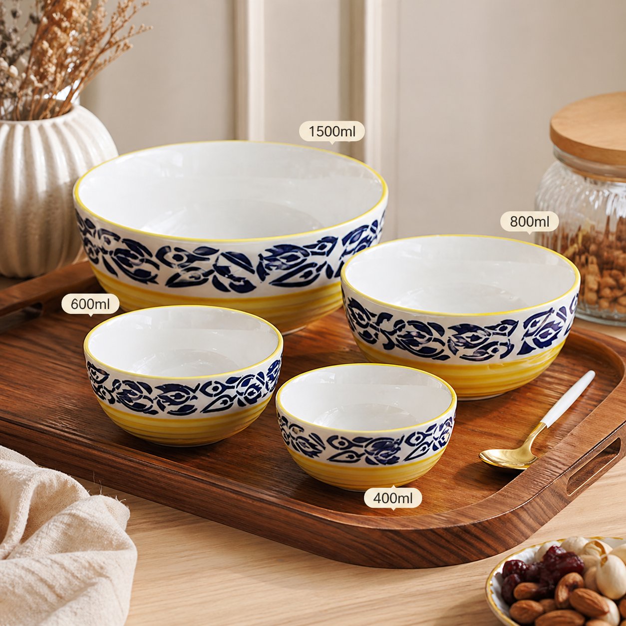 Kunhar Ceramic Mixing Bowl Set – 4 Pieces (1500ml, 800ml, 600ml, 400ml), Blue Flower Yellow – Durable, Microwave & Dishwasher Safe – Ideal for Mixing, Serving & Storage - Image 2