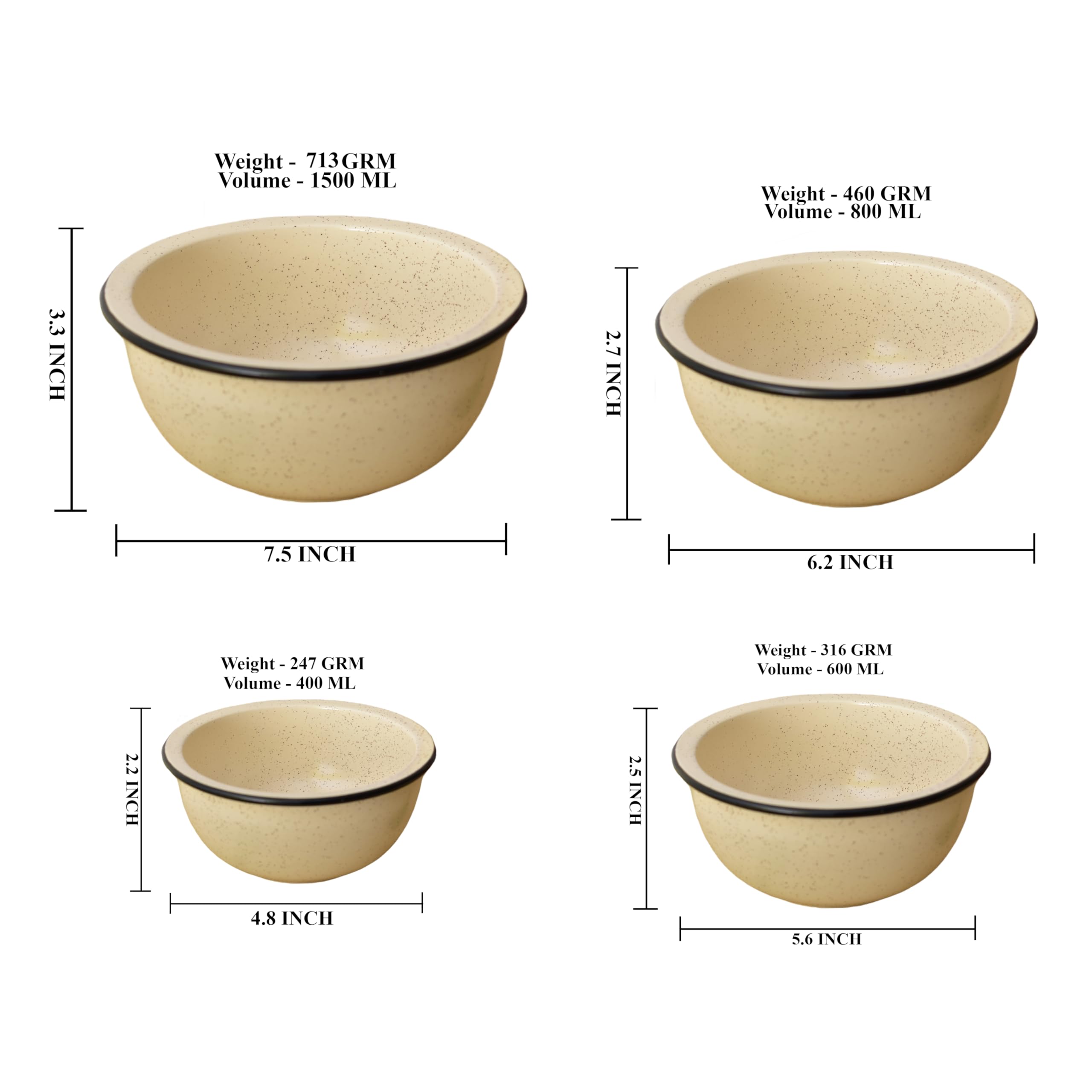 Kunhar Ceramic Mixing Bowls, Soup Bowl, Salad Bowl, Bowl for Snacks, Microwave Safe, Dishwasher Safe - 1500 Ml, 800 Ml, 600 Ml and 400 Ml, 4 Pieces, White Matte Black Border - Image 2
