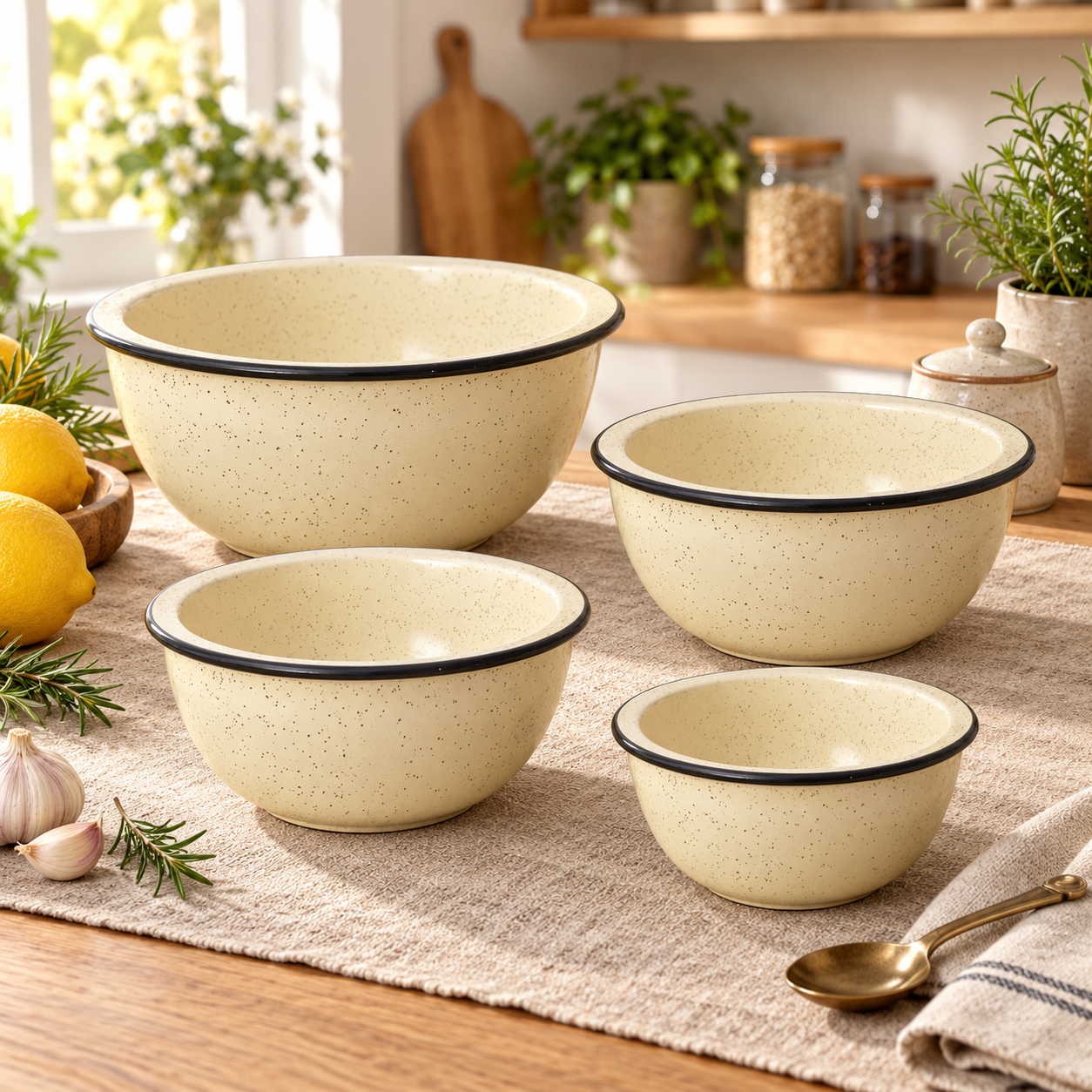 KunhaR Ceramic Mixing Bowl Set, 1500 ml, 800 ml, 600 ml & 400 ml, White Matte Black Cornor | Set of 4 Nesting Bowls for Mixing, Serving, Salad, Pasta, Snacks & Kitchen Prep