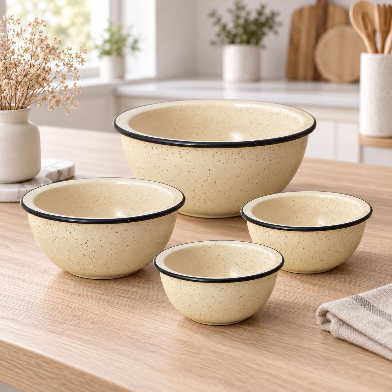 KunhaR Ceramic Mixing Bowl Set, 1500 ml, 800 ml, 600 ml & 400 ml, White Matte Black Cornor | Set of 4 Nesting Bowls for Mixing, Serving, Salad, Pasta, Snacks & Kitchen Prep - Image 2