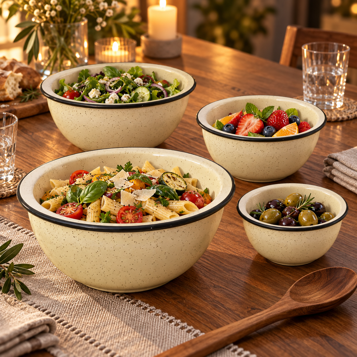 KunhaR Ceramic Mixing Bowl Set, 1500 ml, 800 ml, 600 ml & 400 ml, White Matte Black Cornor | Set of 4 Nesting Bowls for Mixing, Serving, Salad, Pasta, Snacks & Kitchen Prep - Image 3