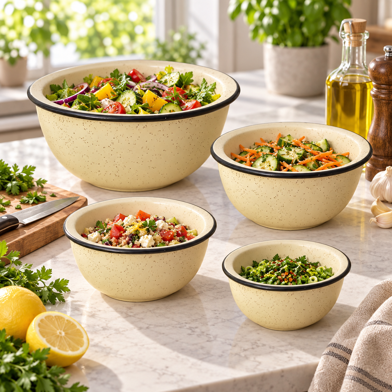 KunhaR Ceramic Mixing Bowl Set, 1500 ml, 800 ml, 600 ml & 400 ml, White Matte Black Cornor | Set of 4 Nesting Bowls for Mixing, Serving, Salad, Pasta, Snacks & Kitchen Prep - Image 4