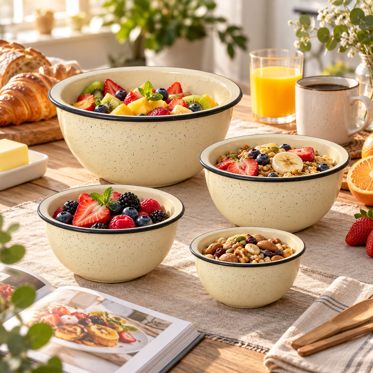 KunhaR Ceramic Mixing Bowl Set, 1500 ml, 800 ml, 600 ml & 400 ml, White Matte Black Cornor | Set of 4 Nesting Bowls for Mixing, Serving, Salad, Pasta, Snacks & Kitchen Prep - Image 5
