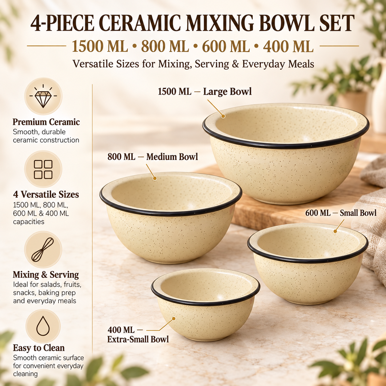 KunhaR Ceramic Mixing Bowl Set, 1500 ml, 800 ml, 600 ml & 400 ml, White Matte Black Cornor | Set of 4 Nesting Bowls for Mixing, Serving, Salad, Pasta, Snacks & Kitchen Prep - Image 7