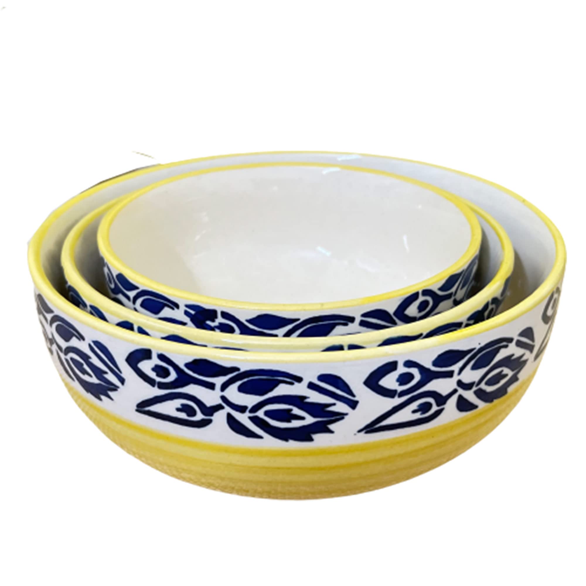 Kunhar Ceramic Mixing Bowls - 800 Ml, 600 Ml and 400 Ml, 3 Pieces, Blue Flower Yellow - Image 2
