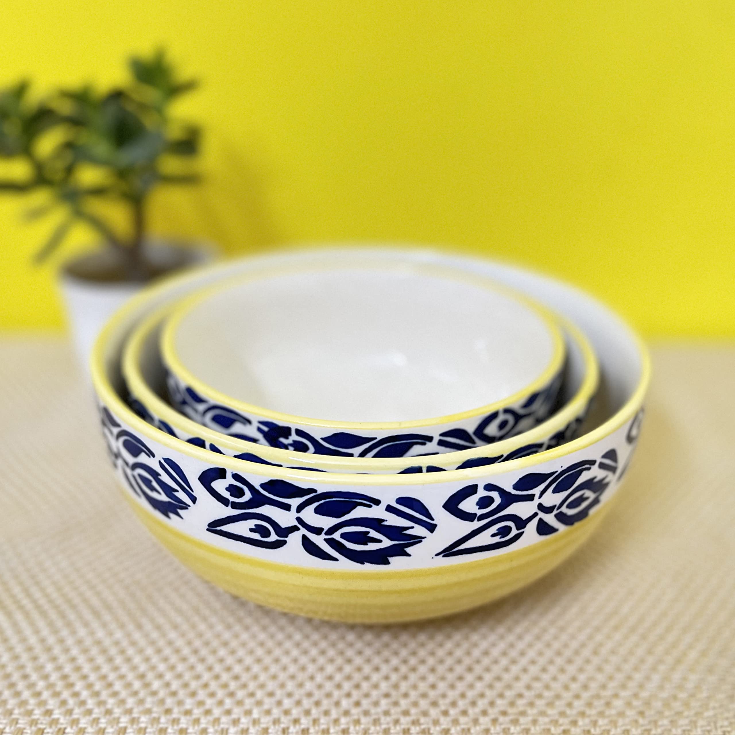 Kunhar Ceramic Mixing Bowls - 800 Ml, 600 Ml and 400 Ml, 3 Pieces, Blue Flower Yellow - Image 3