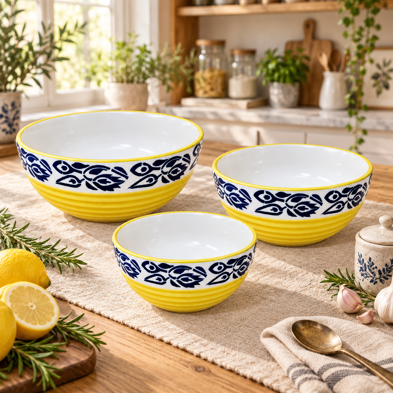 Kunhar Ceramic Mixing Bowls - 800 Ml, 600 Ml and 400 Ml, 3 Pieces, Blue Flower Yellow