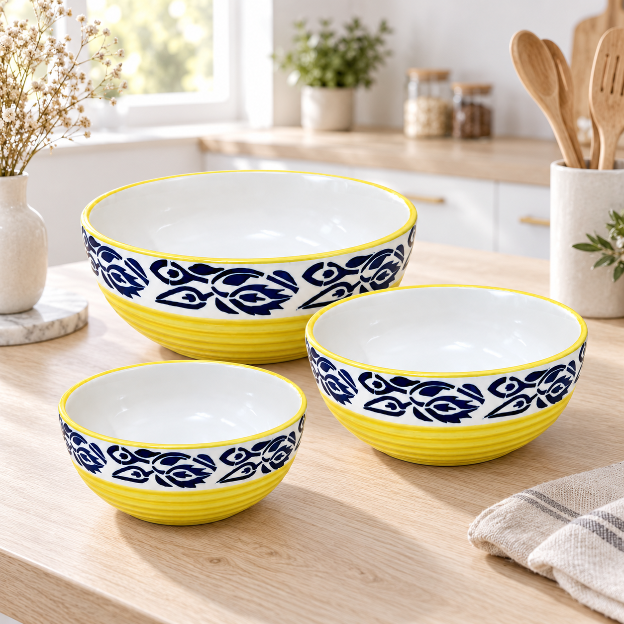 Kunhar Ceramic Mixing Bowls - 800 Ml, 600 Ml and 400 Ml, 3 Pieces, Blue Flower Yellow - Image 2