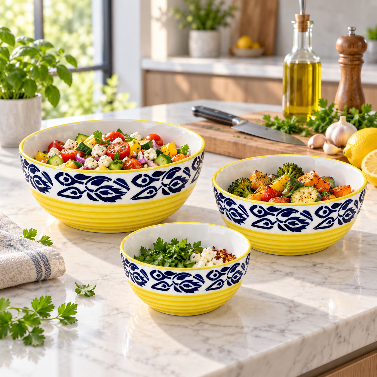 Kunhar Ceramic Mixing Bowls - 800 Ml, 600 Ml and 400 Ml, 3 Pieces, Blue Flower Yellow - Image 3