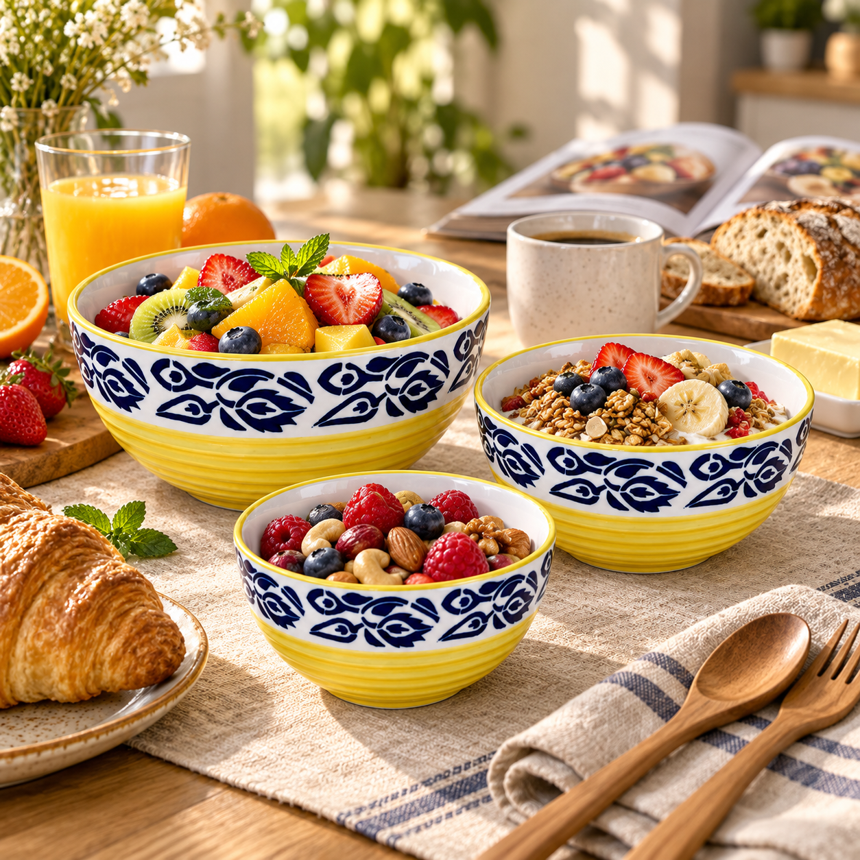 Kunhar Ceramic Mixing Bowls - 800 Ml, 600 Ml and 400 Ml, 3 Pieces, Blue Flower Yellow - Image 4