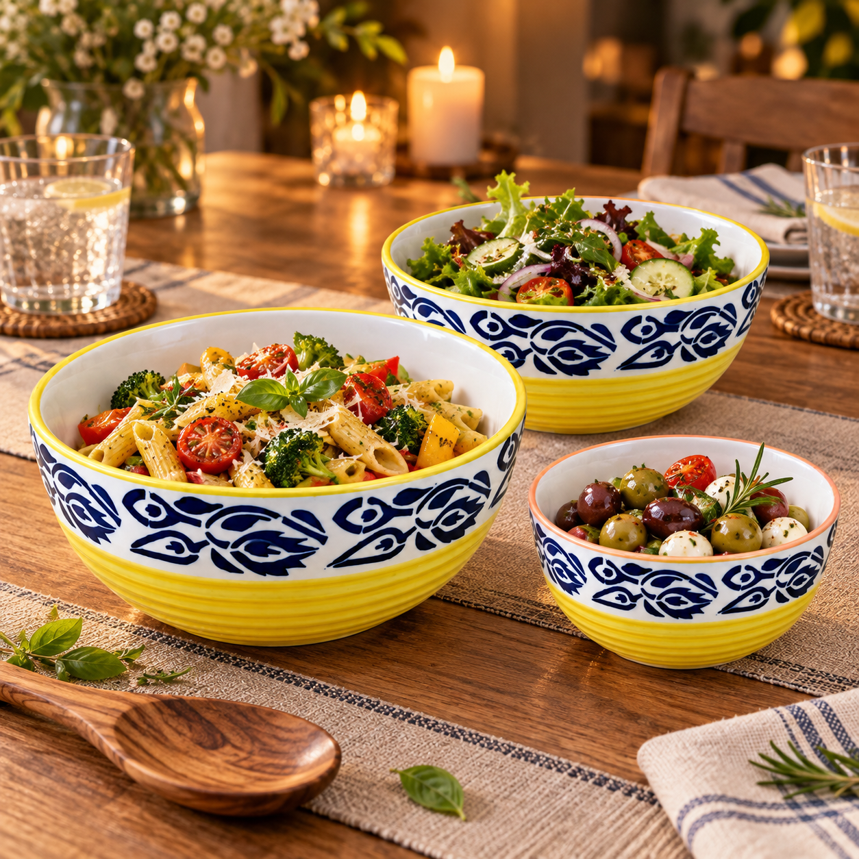 Kunhar Ceramic Mixing Bowls - 800 Ml, 600 Ml and 400 Ml, 3 Pieces, Blue Flower Yellow - Image 5
