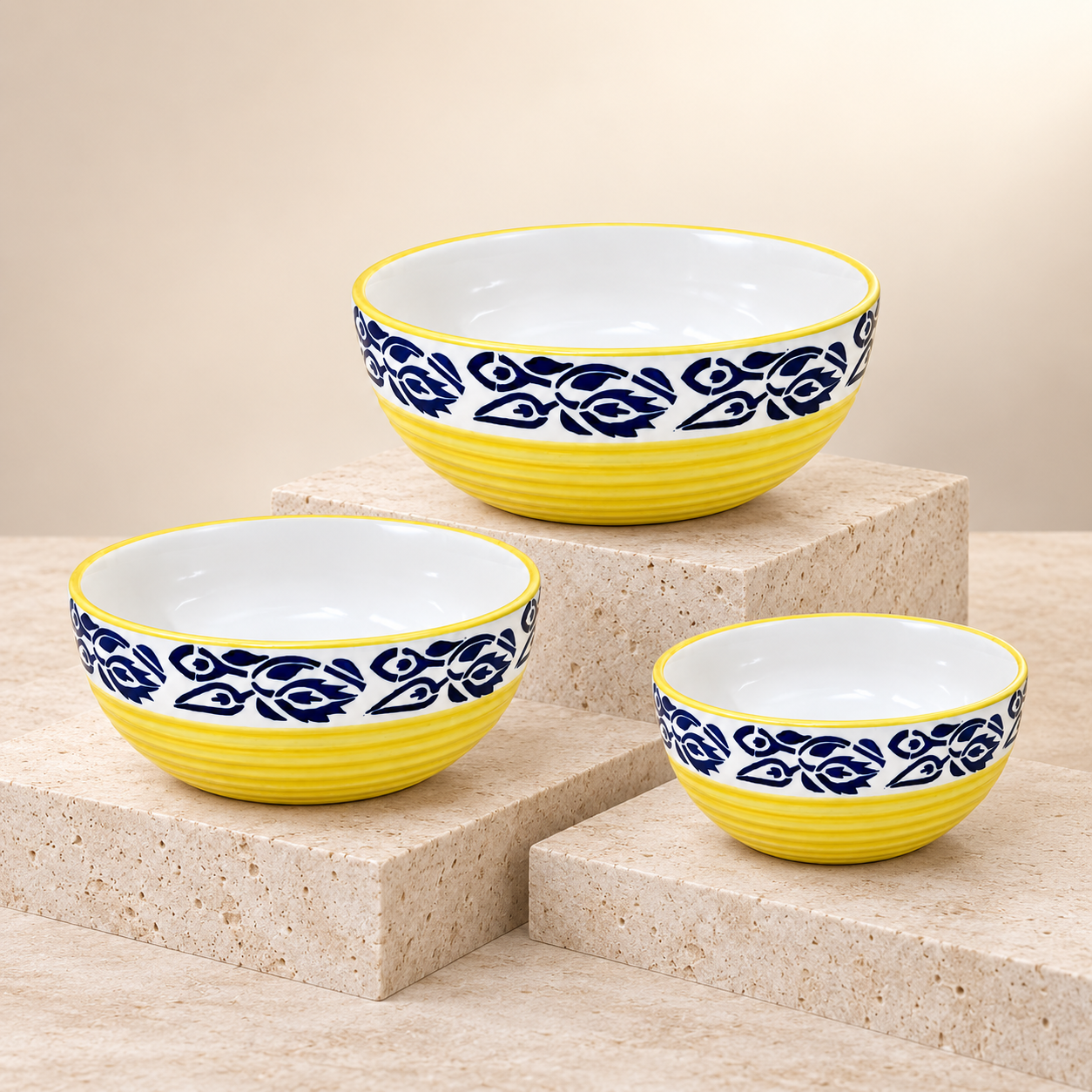 Kunhar Ceramic Mixing Bowls - 800 Ml, 600 Ml and 400 Ml, 3 Pieces, Blue Flower Yellow - Image 6