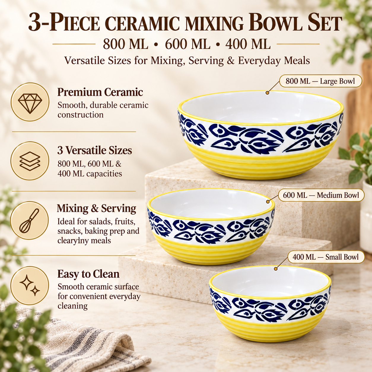Kunhar Ceramic Mixing Bowls - 800 Ml, 600 Ml and 400 Ml, 3 Pieces, Blue Flower Yellow - Image 7