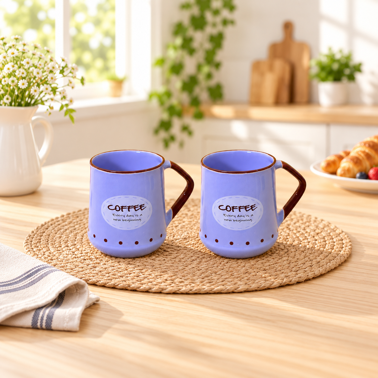 Kunhar Ceramic Coffee Mug, Milk Mug - 2 Pieces, Cornflower Blue, 450ml