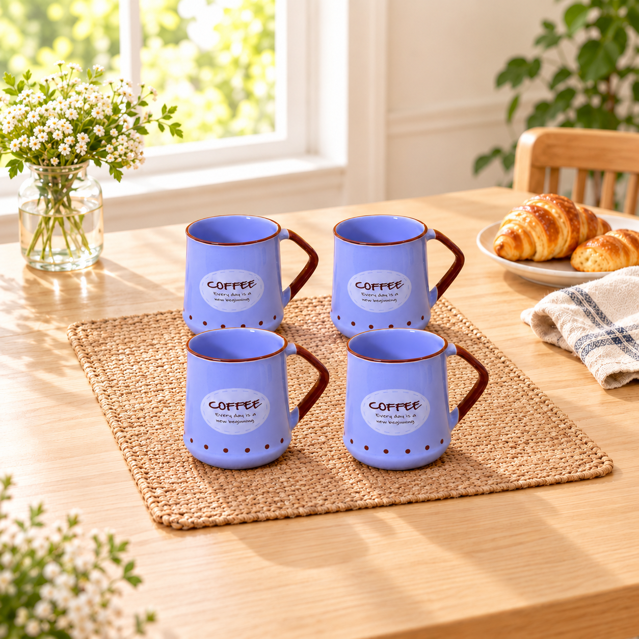 Kunhar Ceramic Coffee Mug, Milk Mug - 4 Pieces, Cornflower Blue, 450ml