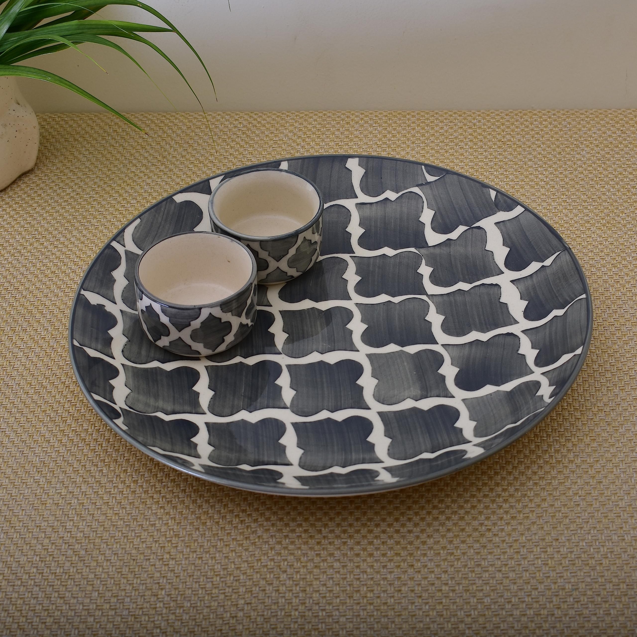Kunhar Ceramic Plate with Serving Chutney Bowls, 1 Piece of Plate and 2 Pieces of Bowls, Grey - Image 4