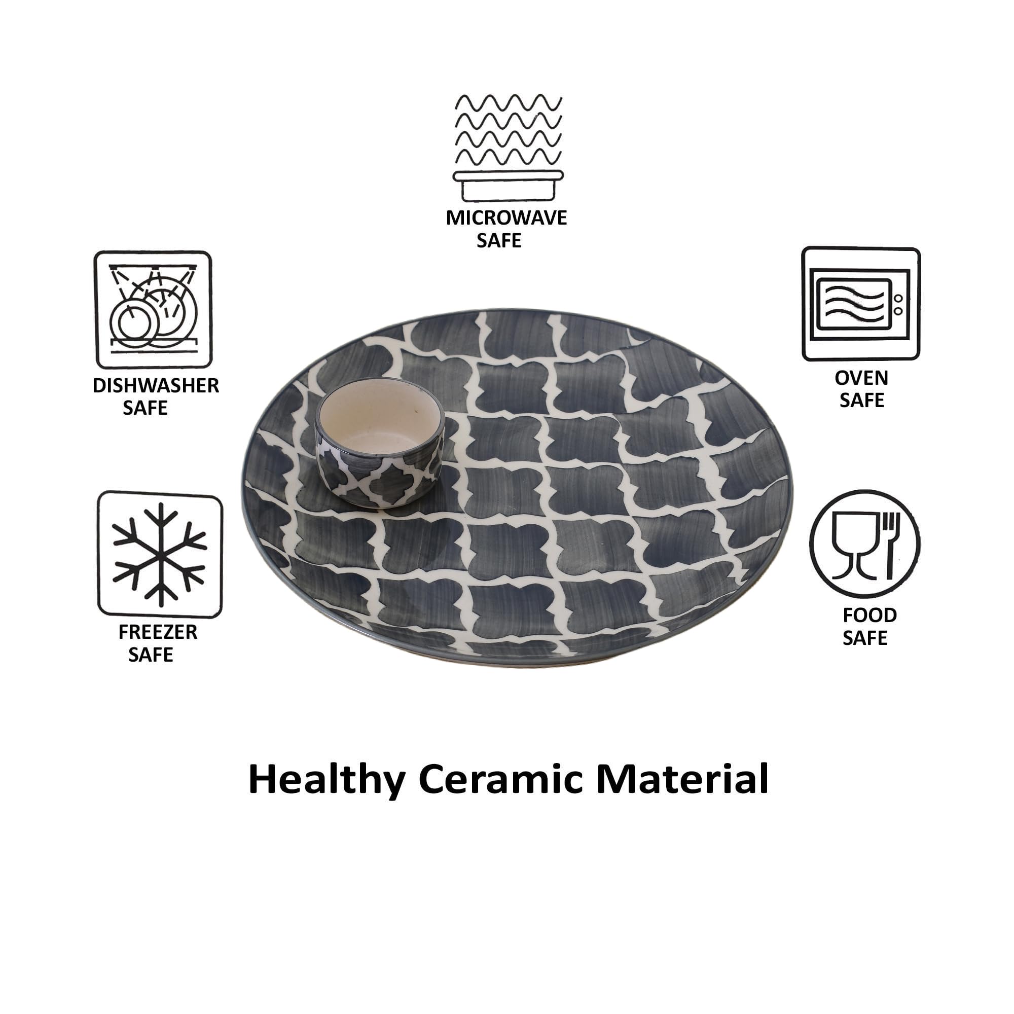Kunhar Ceramic Plate with Serving Chutney Bowls, 1 Piece of Plate and 2 Pieces of Bowls, Grey - Image 5