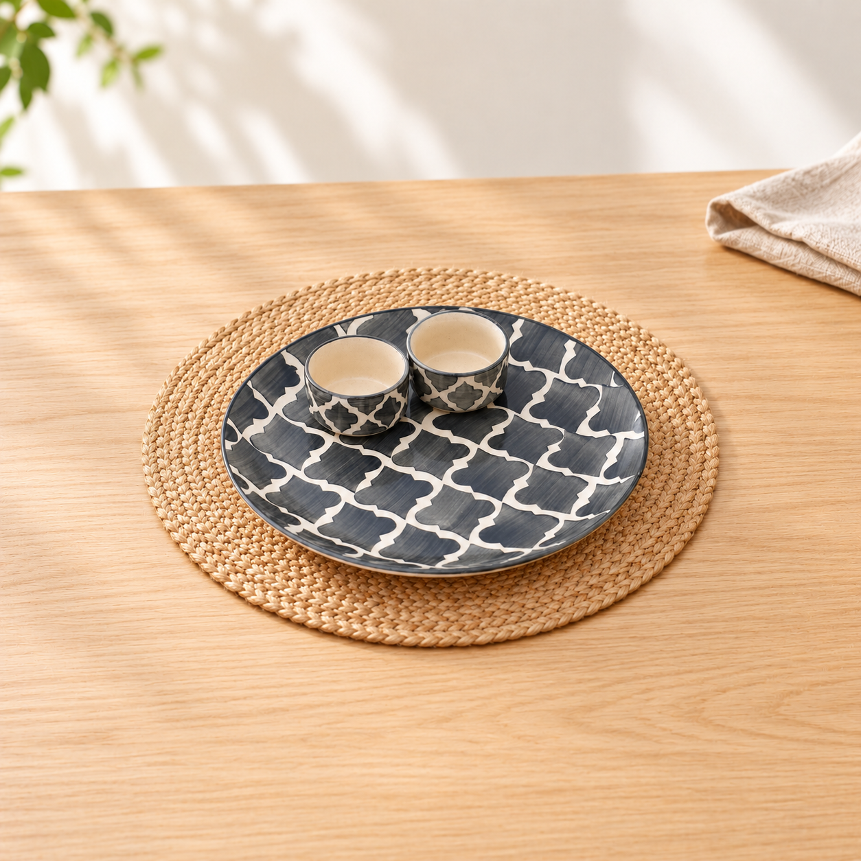 Kunhar Ceramic Plate with Serving Chutney Bowls, 1 Piece of Plate and 2 Pieces of Bowls, Grey