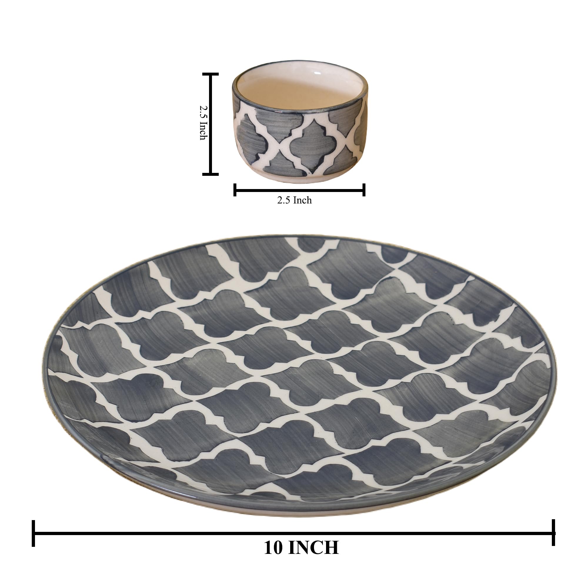 Kunhar Ceramic Plate with Serving Chutney Bowls, 1 Piece of Plate and 1 Piece of Bowl, Grey - Image 2