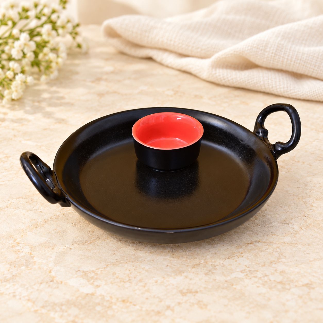 KunhaR Ceramic Platter, Pizza Plate, Round Serving Plate - (With Fixed Red Sauce Holder)