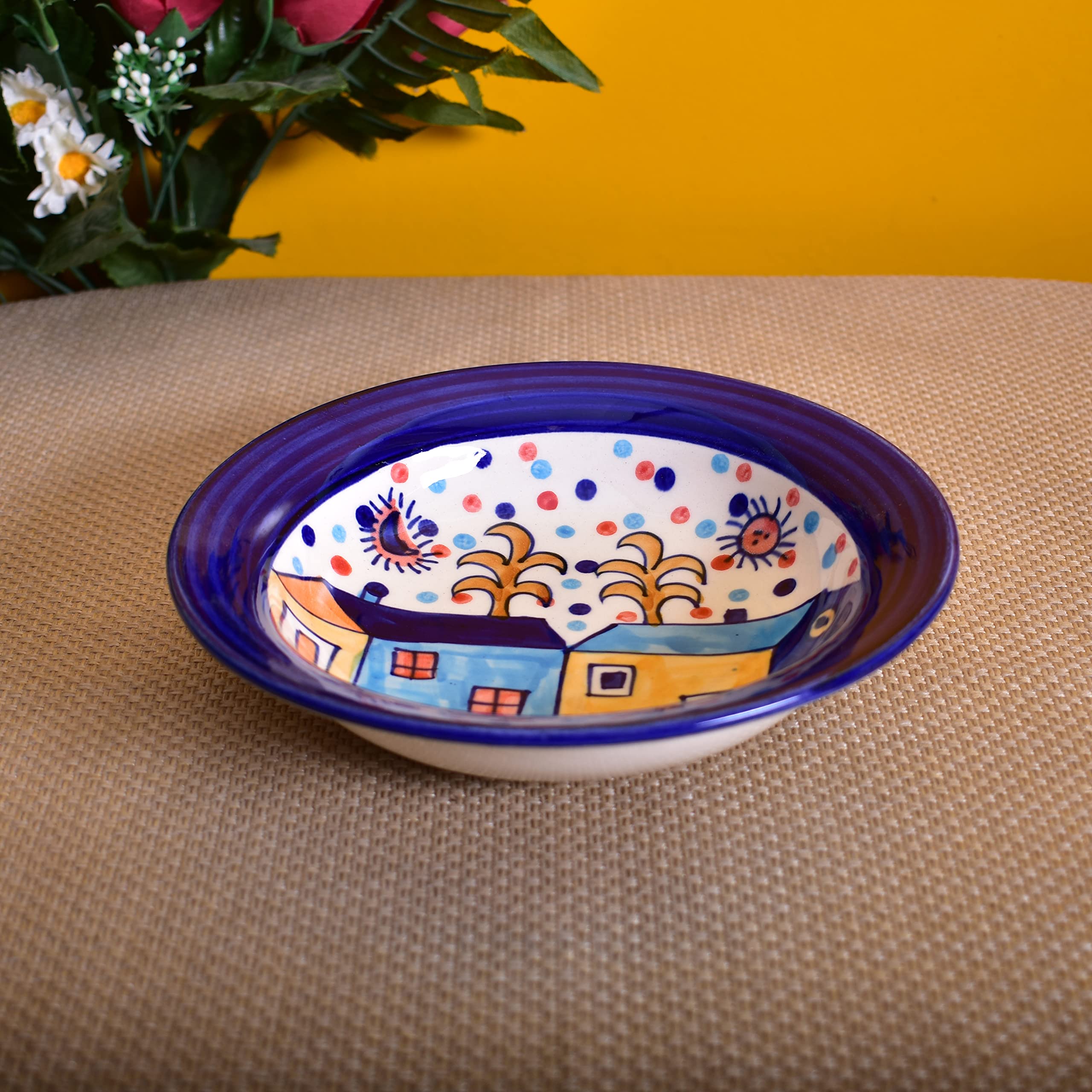Kunhar Ceramic Pasta Plate, Soup Plate, 2 Pieces, Hut Painting Multicolor (8 Inch) - Image 3