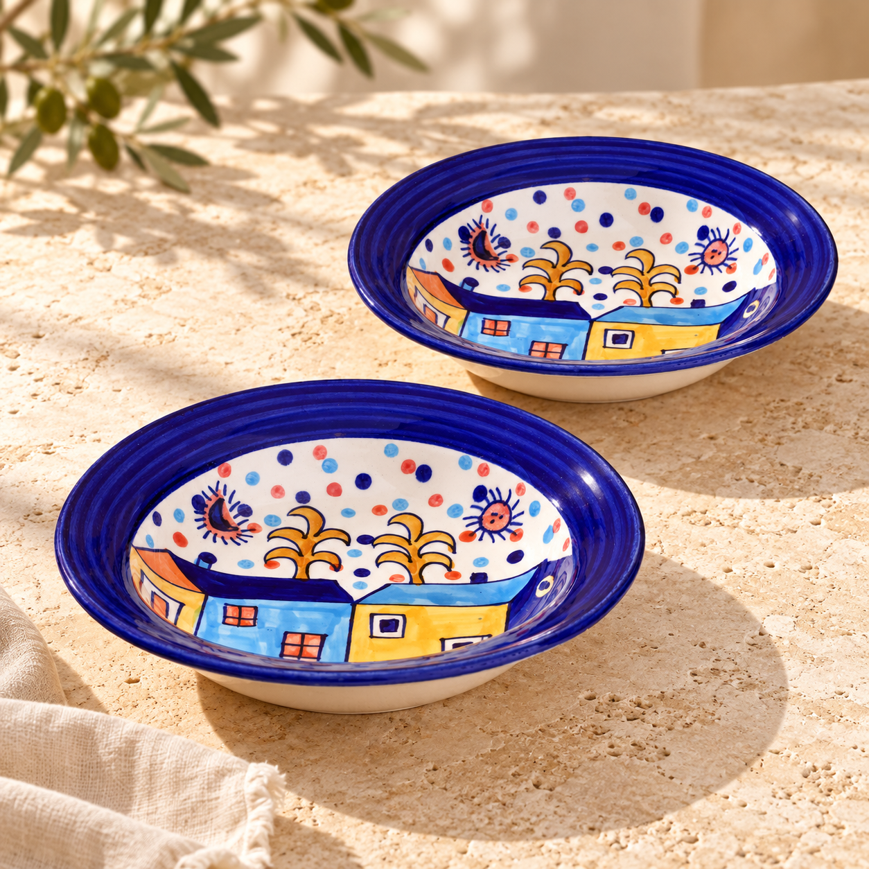 Kunhar Ceramic Pasta Plate, Soup Plate, 2 Pieces, Hut Painting Multicolor (8 Inch)