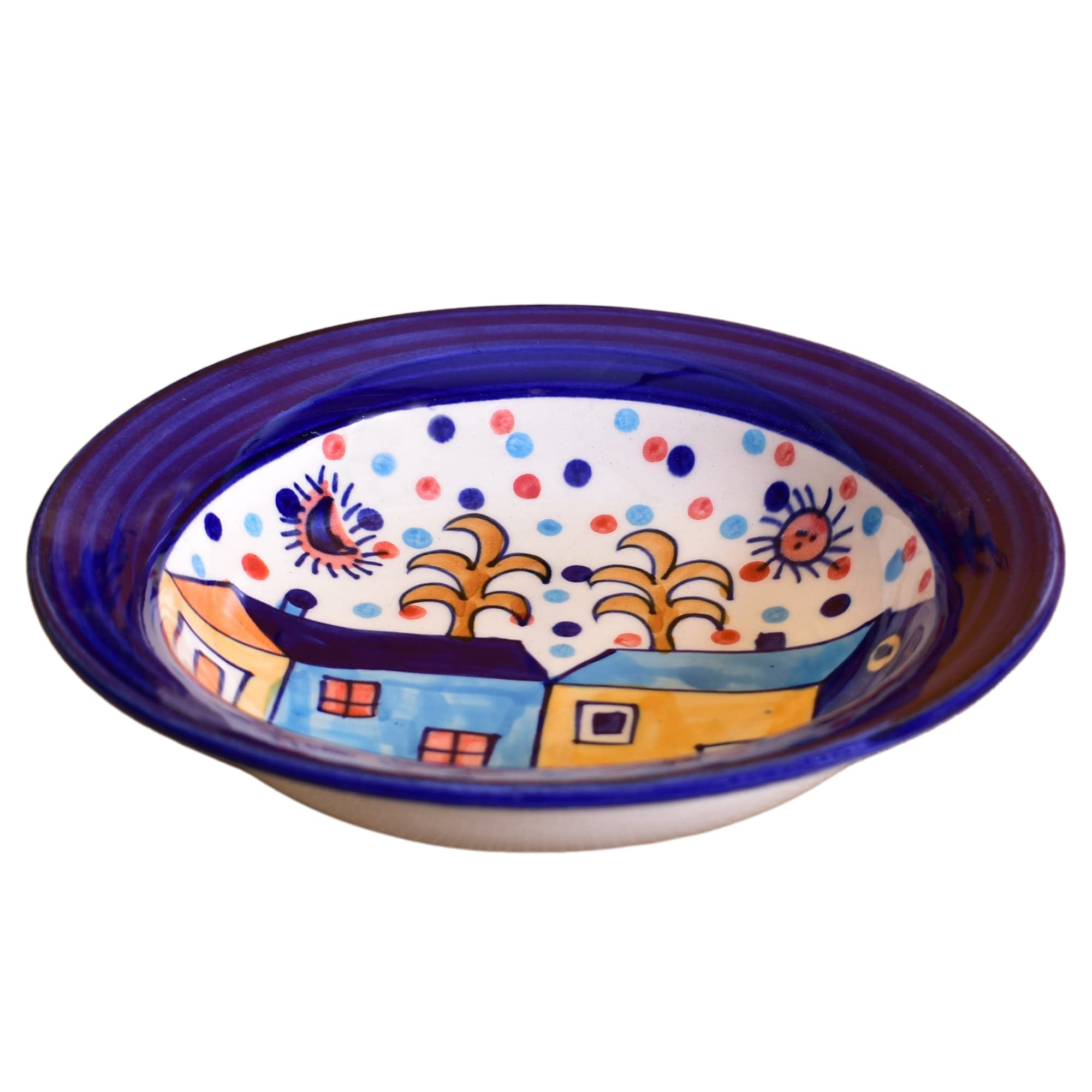 Kunhar Ceramic Pasta Plate, Soup Plate, 4 Pieces, Hut Painting Multicolor (8 Inch)