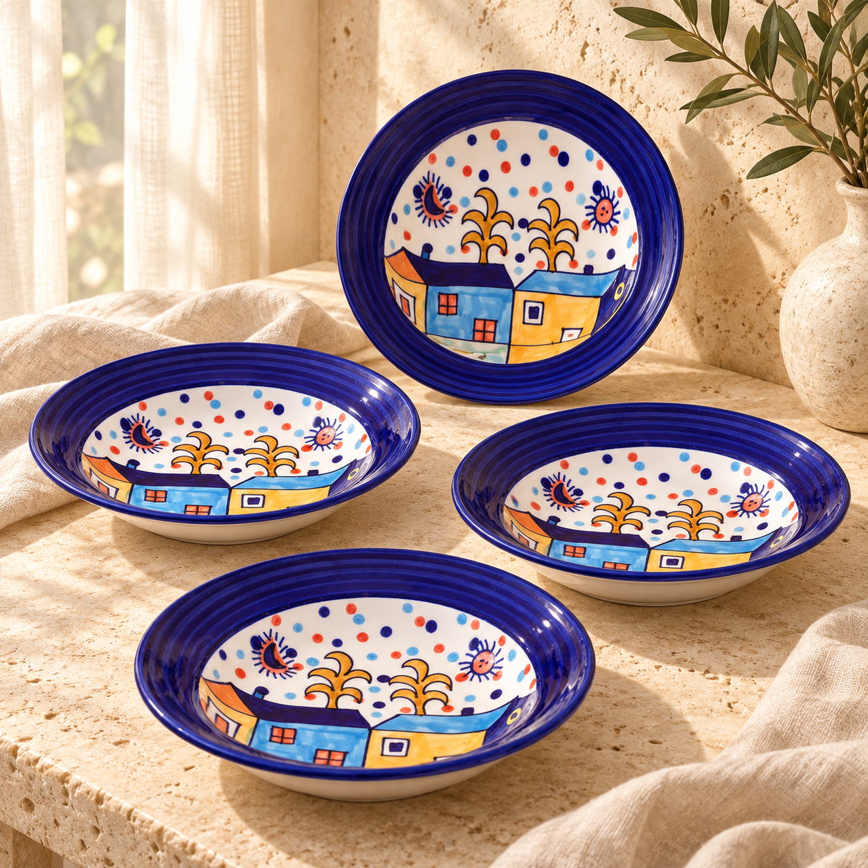 Kunhar Ceramic Pasta Plate, Soup Plate, 4 Pieces, Hut Painting Multicolor (8 Inch)