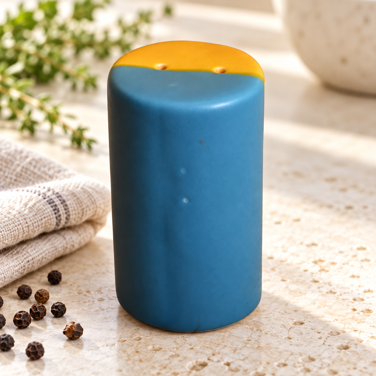 Kunhar Ceramic Salt and Pepper Shaker, 1 Piece, Muted Teal and Mustard