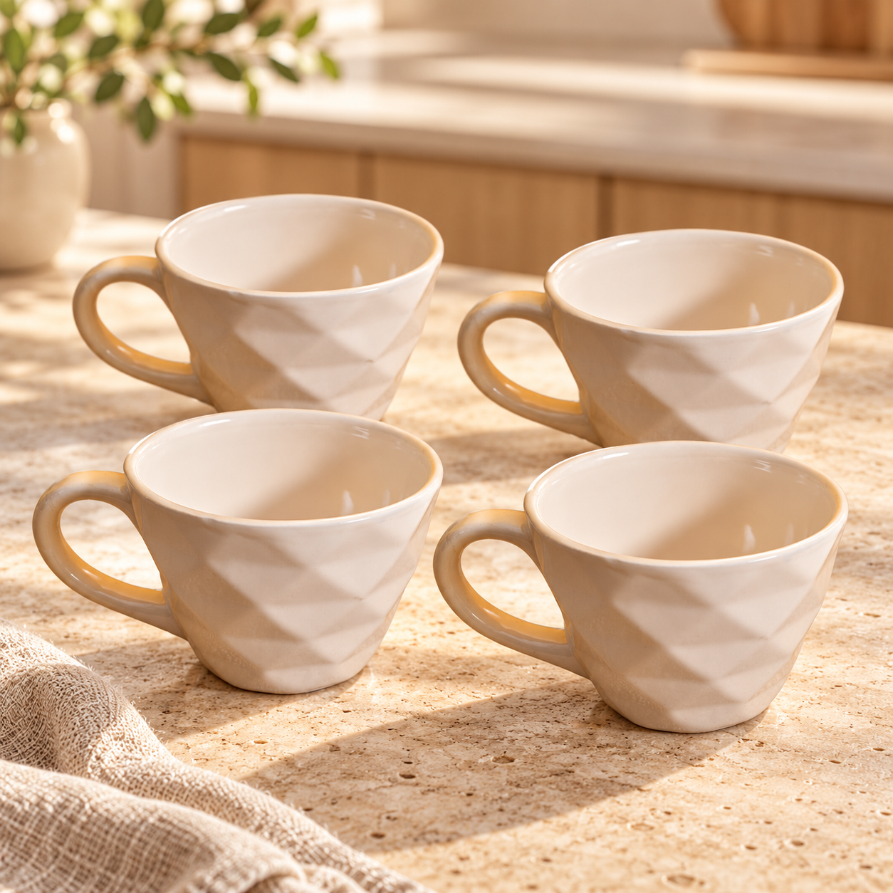 KunhaR Ceramic Diamond Shape Milk Mug, Coffee Mug, Soup Mug - 4 Pieces, Light Wheat, 250ml