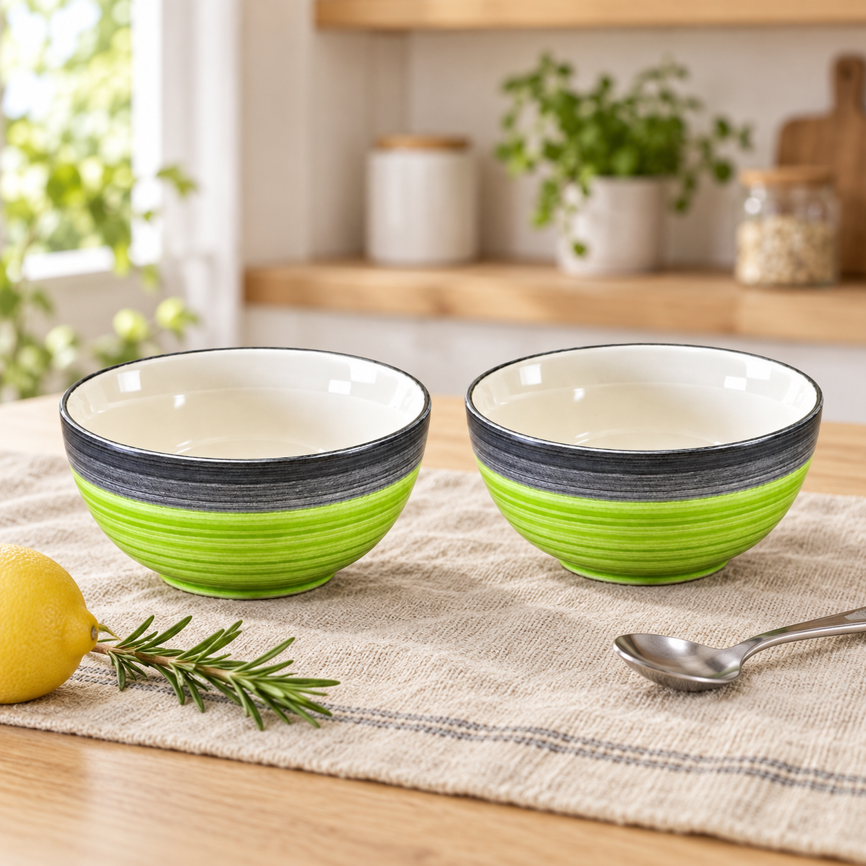 KunhaR Ceramic Serving Bowls, 400 ml Each, Set of 2, Green Gray, Small Bowls for Soup, Rice, Curry, Snacks and Desserts