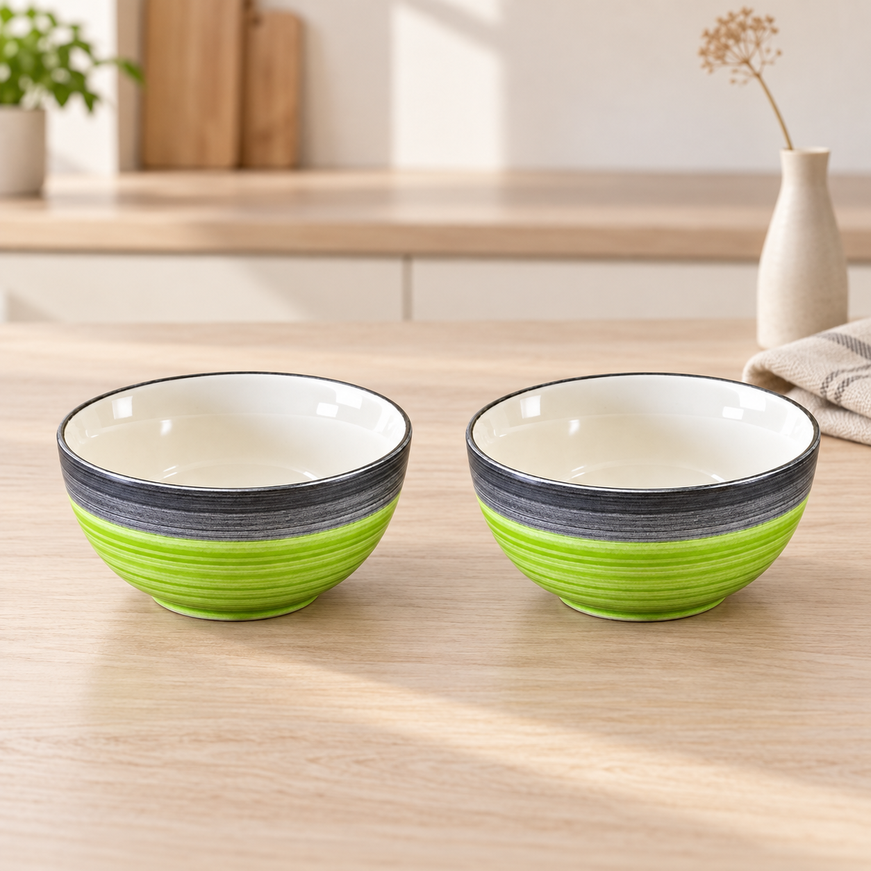 KunhaR Ceramic Serving Bowls, 400 ml Each, Set of 2, Green Gray, Small Bowls for Soup, Rice, Curry, Snacks and Desserts - Image 2