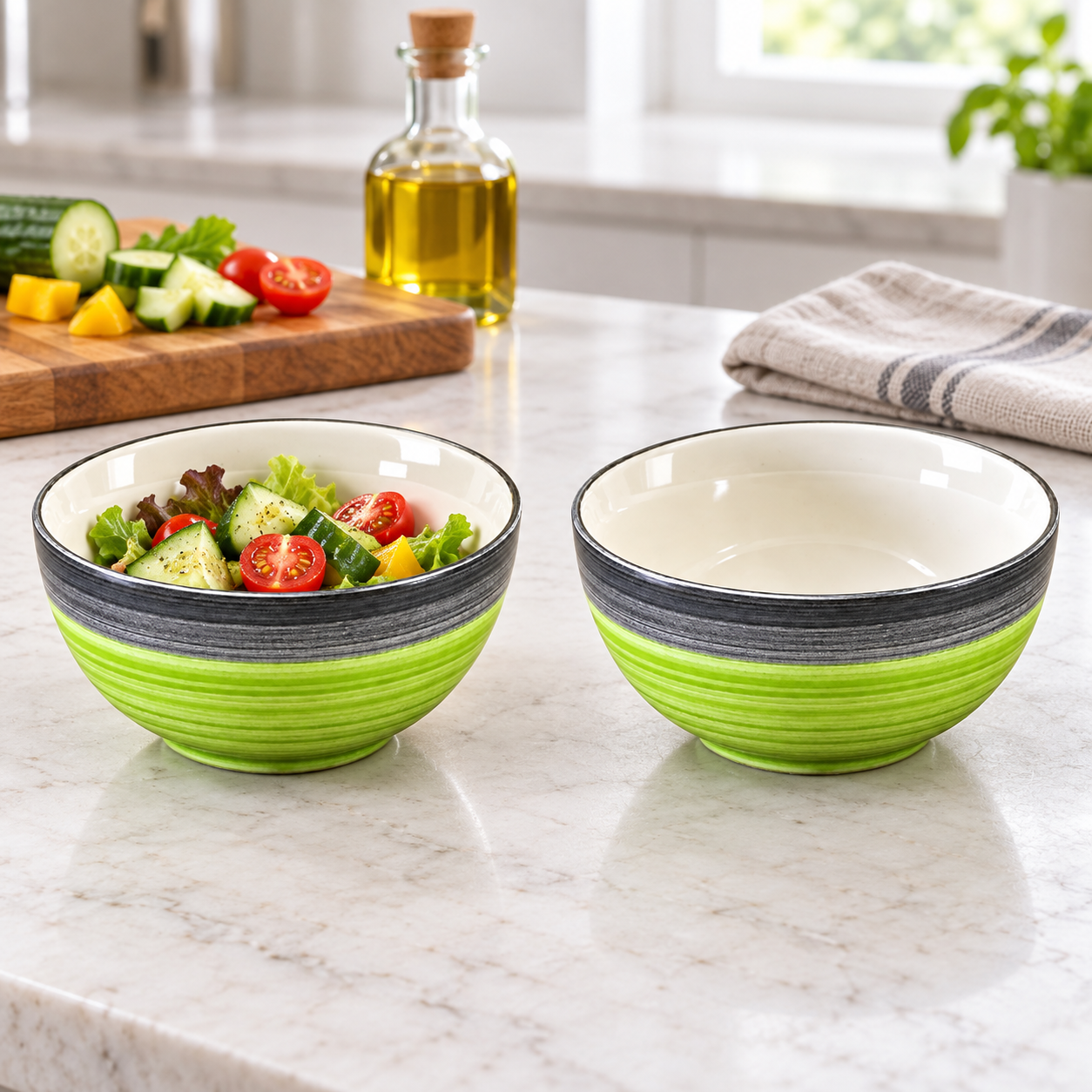KunhaR Ceramic Serving Bowls, 400 ml Each, Set of 2, Green Gray, Small Bowls for Soup, Rice, Curry, Snacks and Desserts - Image 5