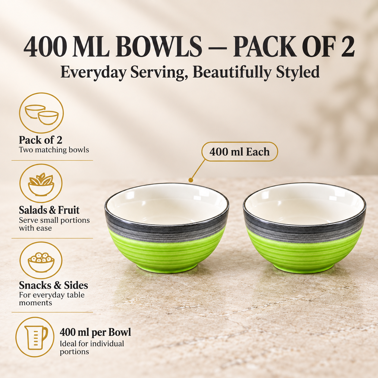 KunhaR Ceramic Serving Bowls, 400 ml Each, Set of 2, Green Gray, Small Bowls for Soup, Rice, Curry, Snacks and Desserts - Image 7
