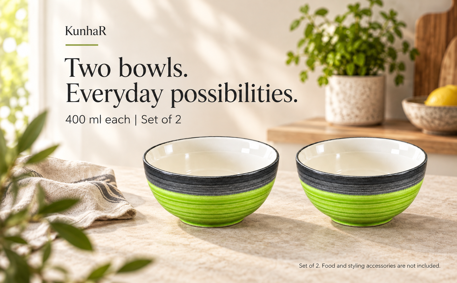 KunhaR Ceramic Serving Bowls, 400 ml Each, Set of 2, Green Gray, Small Bowls for Soup, Rice, Curry, Snacks and Desserts — hero