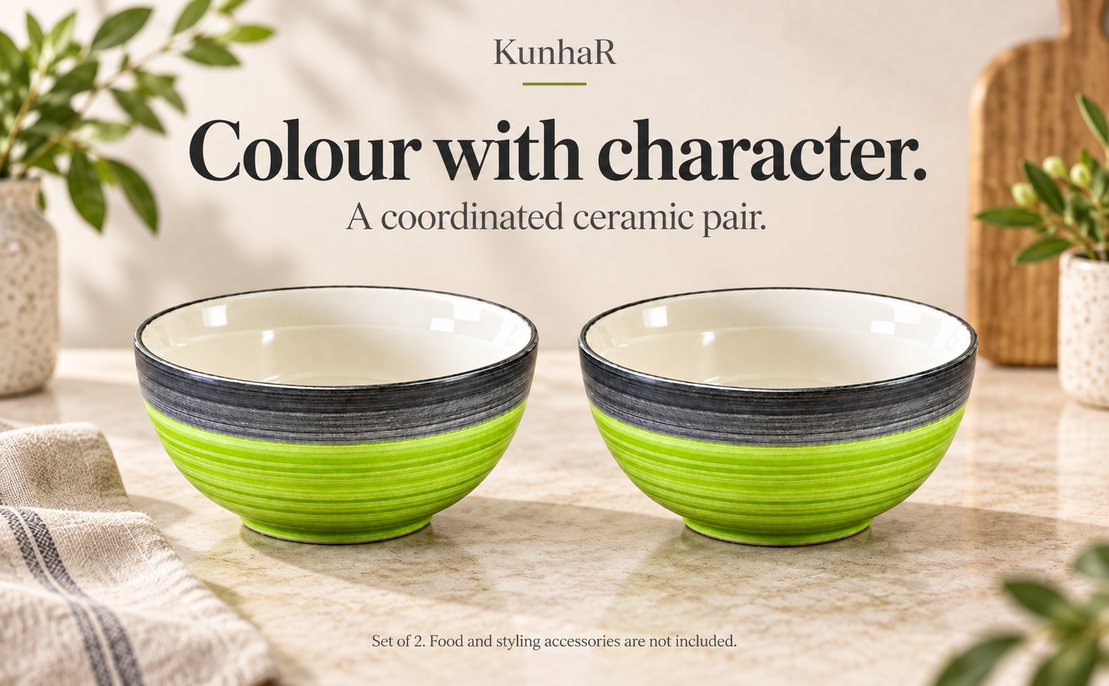KunhaR Ceramic Serving Bowls, 400 ml Each, Set of 2, Green Gray, Small Bowls for Soup, Rice, Curry, Snacks and Desserts — finish