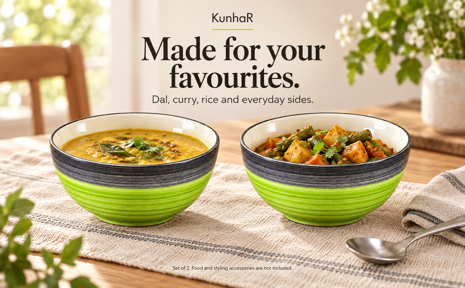 KunhaR Ceramic Serving Bowls, 400 ml Each, Set of 2, Green Gray, Small Bowls for Soup, Rice, Curry, Snacks and Desserts — serve