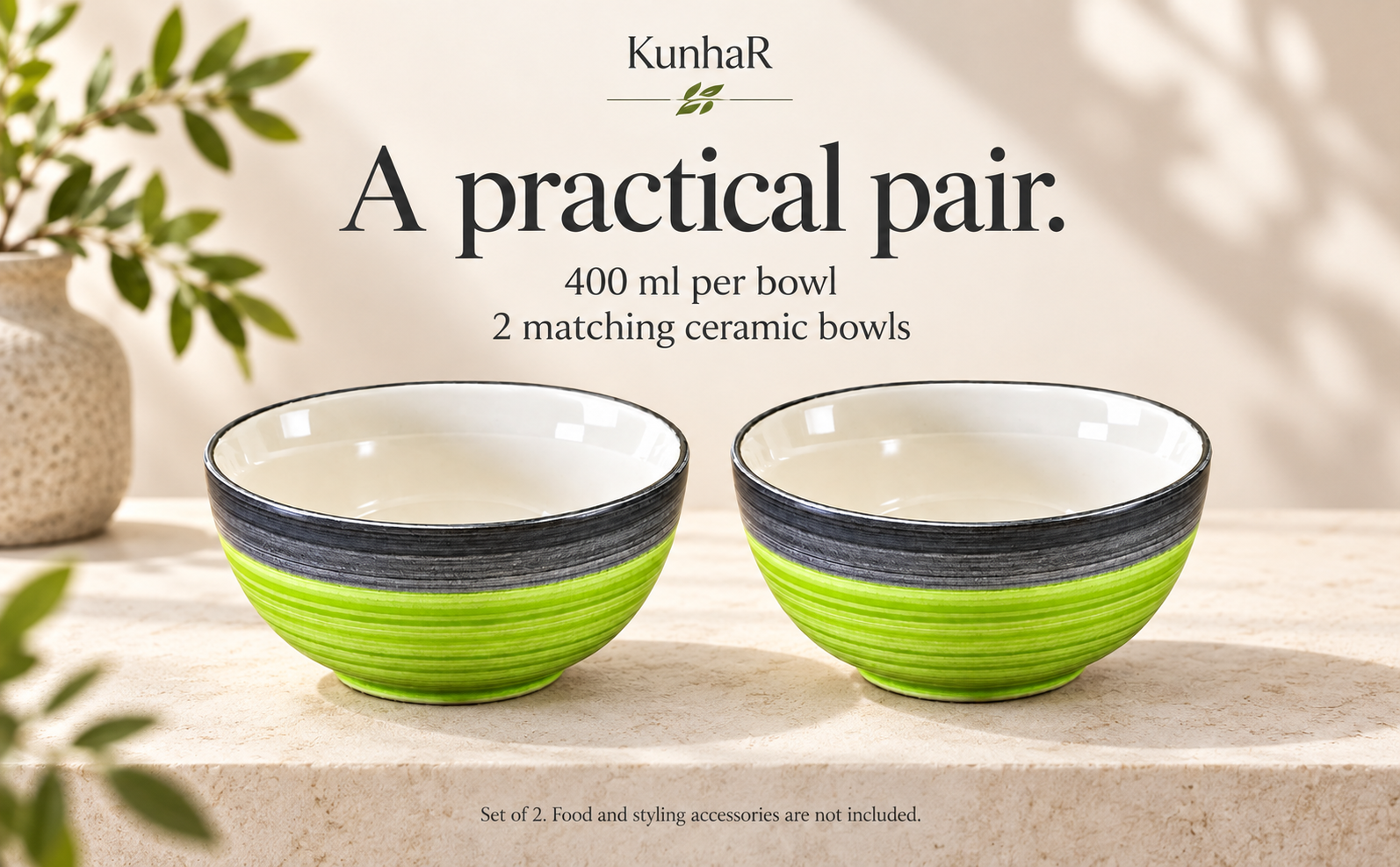 KunhaR Ceramic Serving Bowls, 400 ml Each, Set of 2, Green Gray, Small Bowls for Soup, Rice, Curry, Snacks and Desserts — capacity