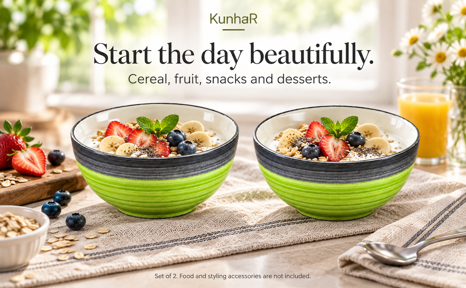 KunhaR Ceramic Serving Bowls, 400 ml Each, Set of 2, Green Gray, Small Bowls for Soup, Rice, Curry, Snacks and Desserts — breakfast