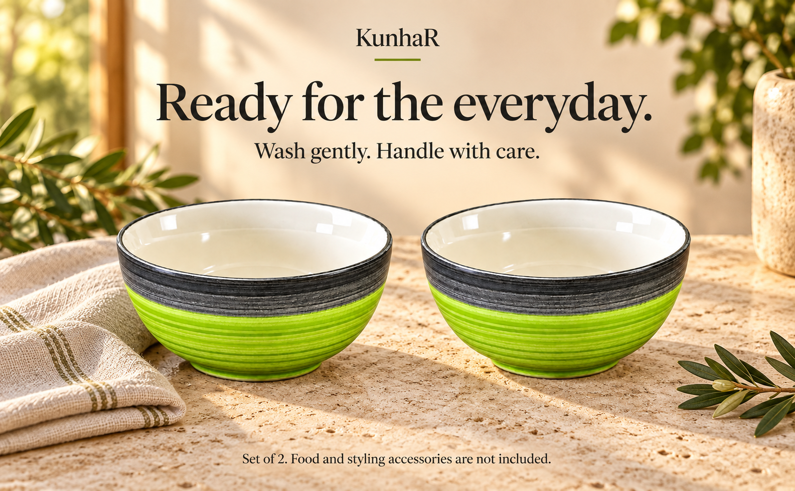 KunhaR Ceramic Serving Bowls, 400 ml Each, Set of 2, Green Gray, Small Bowls for Soup, Rice, Curry, Snacks and Desserts — care