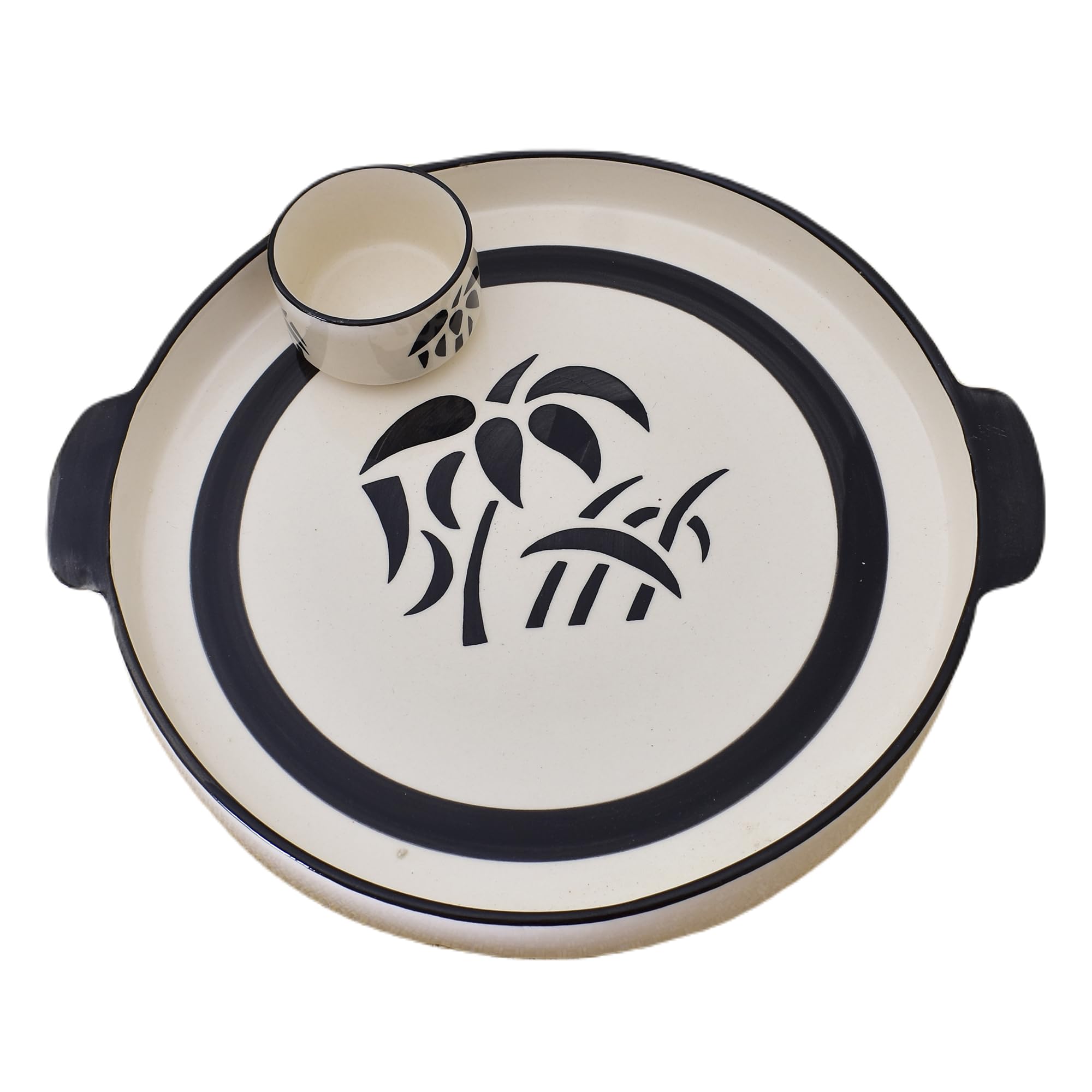 KunhaR Ceramic Platter, Pizza Plate, Round Serving Plate 8 Inch With Serving Chutney Bowl, White Tree