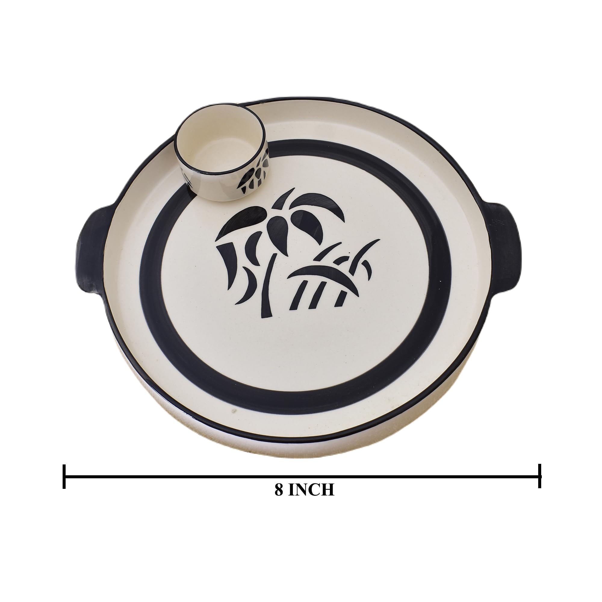 KunhaR Ceramic Platter, Pizza Plate, Round Serving Plate 8 Inch With Serving Chutney Bowl, White Tree - Image 2